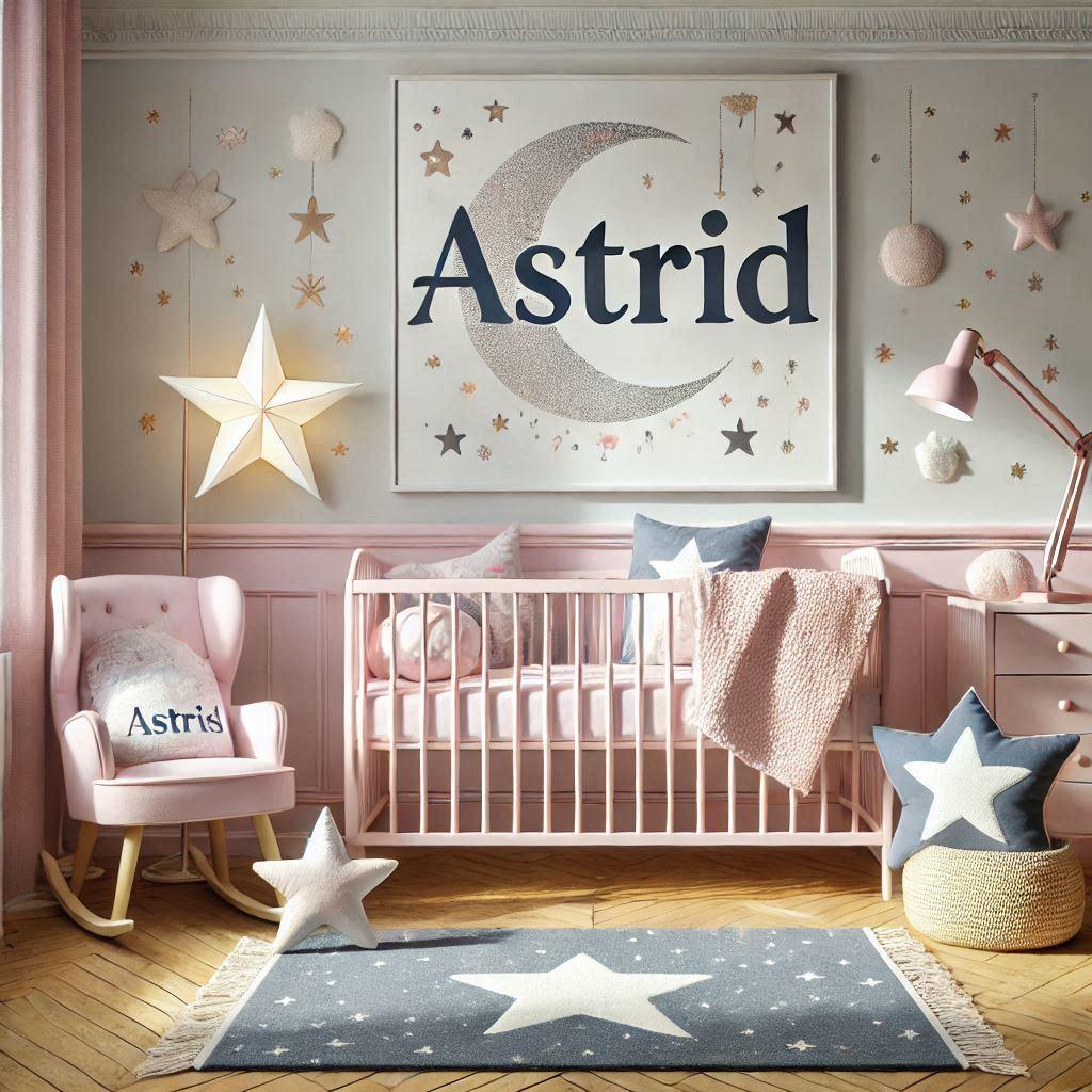 chambre de bebe fille personnalisee au prenom de astrid sur le theme princesse couleur rose pale et bleu nuit coussin etoile coussin lune tapis etoile lampe allumee