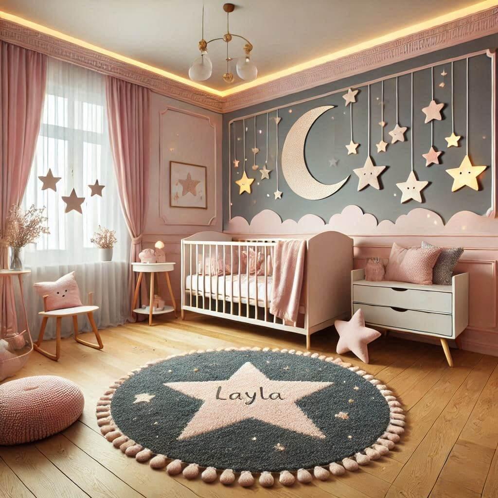 Chambre de bébé fille 'Layla' thème princesse avec couleurs rose pâle et bleu nuit, coussins étoile et lune, tapis étoilé et guirlande lumineuse.