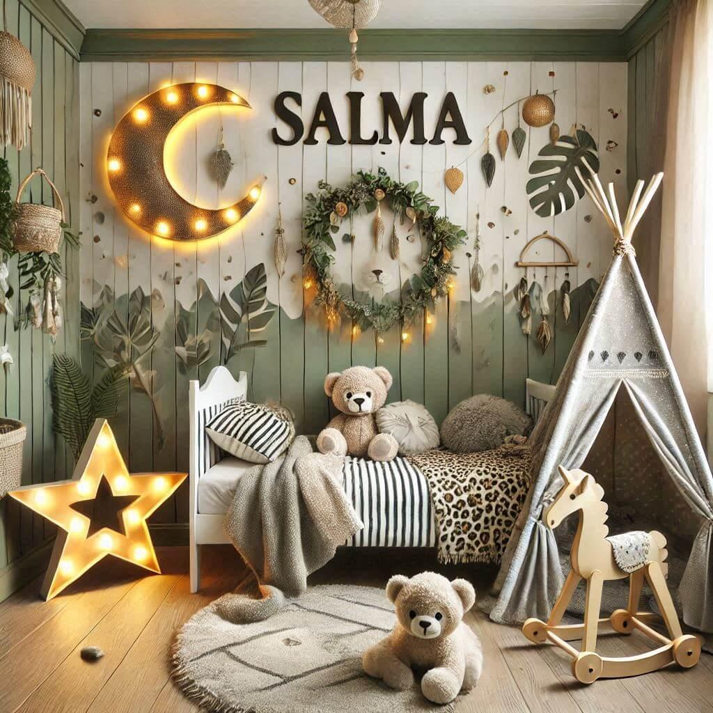 chambre de bebe fille personnalisee au prenom de salma theme safari couleur vert pale jaune nuit coussin zebre coussin lune tapis etoile ciel de lit guirlande lumin