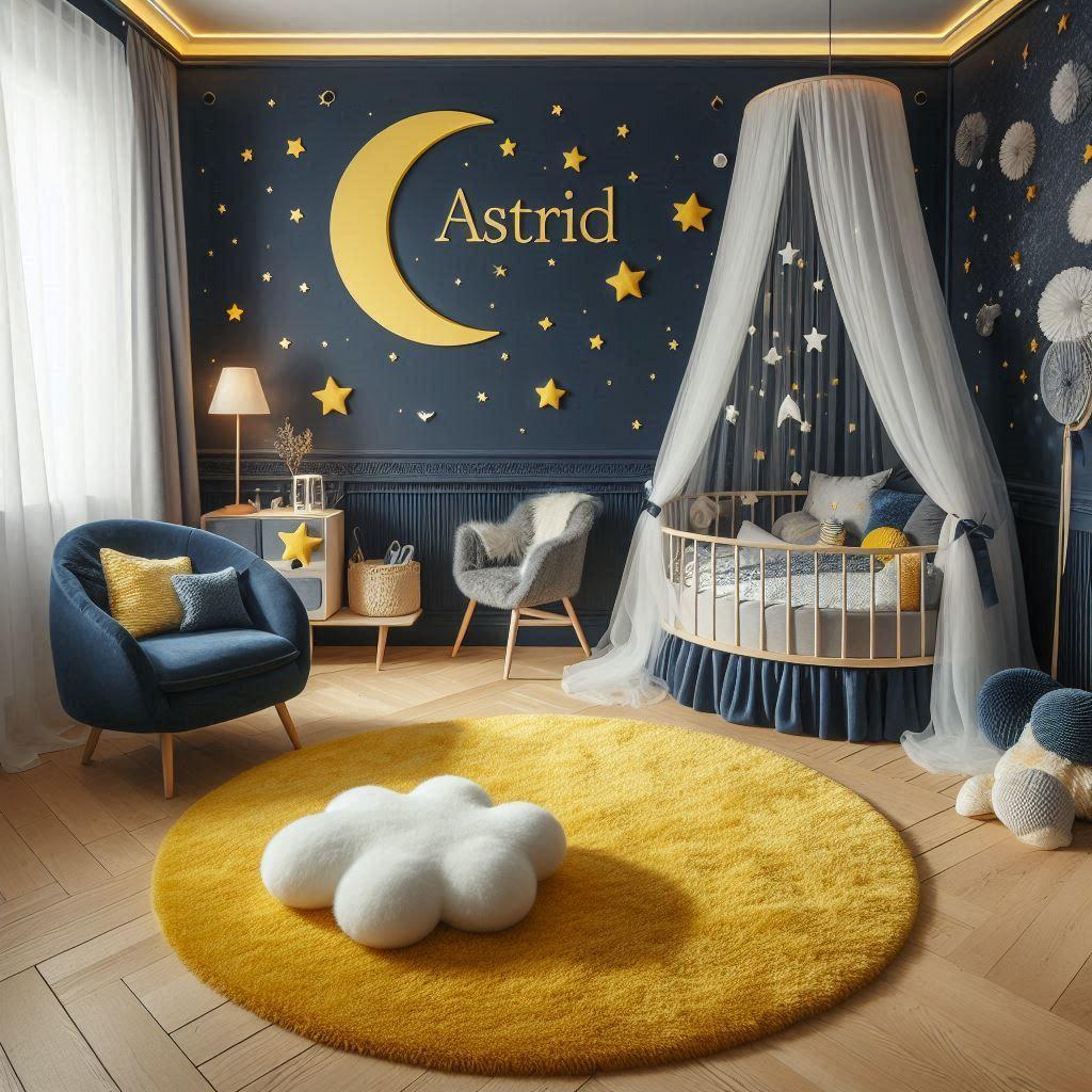 chambre de bebe sur le theme ciel etoile avec le prenom astrid ecrit en decoration sur le mur couleur bleu nuit jaune tapis etoile lit rond ciel de lit peluche nuag