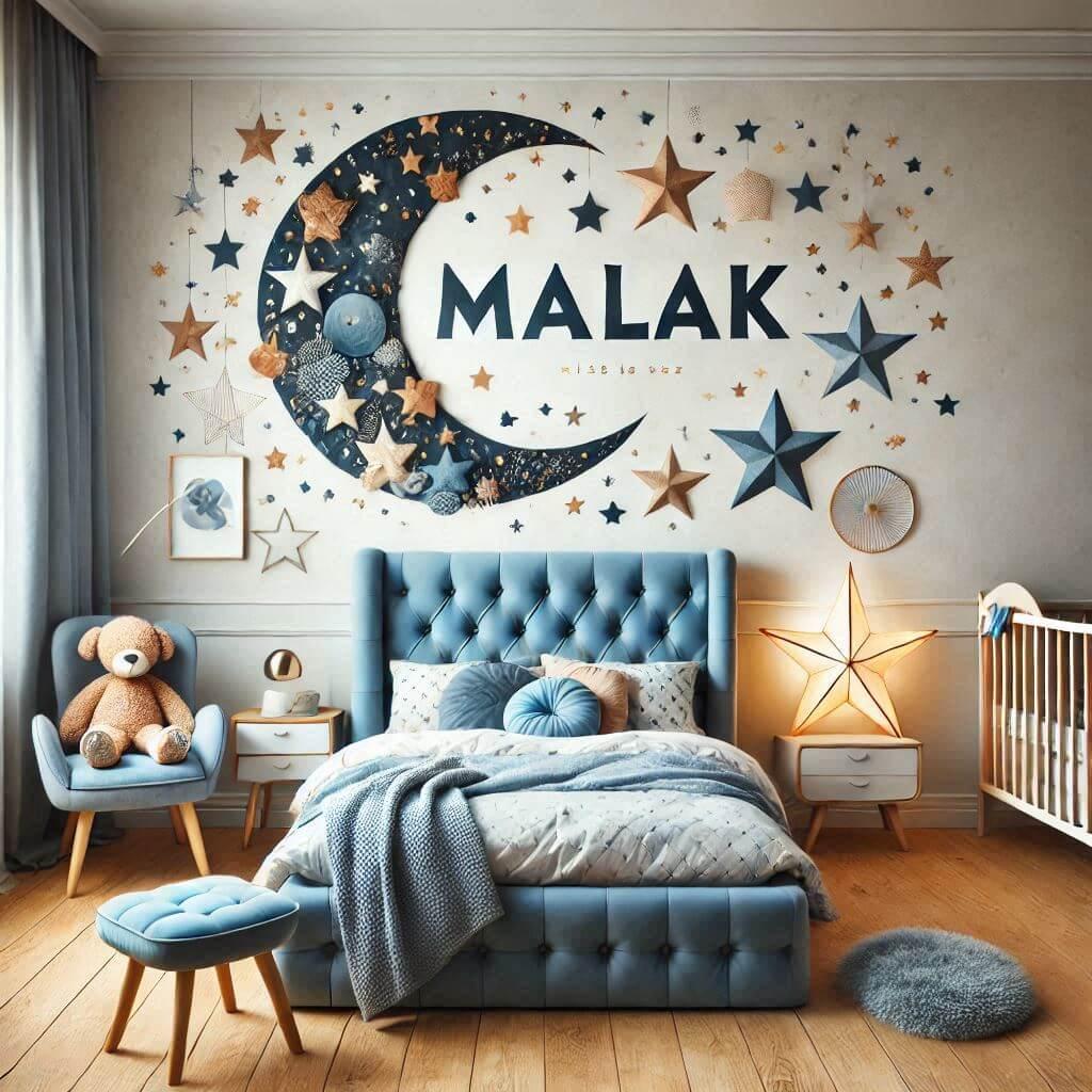 chambre de bebe sur le theme ciel etoile avec le prenom malak ecrit en decoration sur le mur couleur bleu nuit jaune tapis etoile lit rond ciel de lit peluche nuage