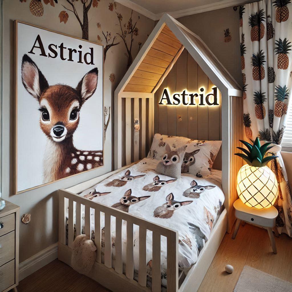 chambre denfant avec le prenom astrid avec un lit cabane sur le theme de bambi de la foret les draps et les rideaux sont des motifs de feuilles de faon de hibou et