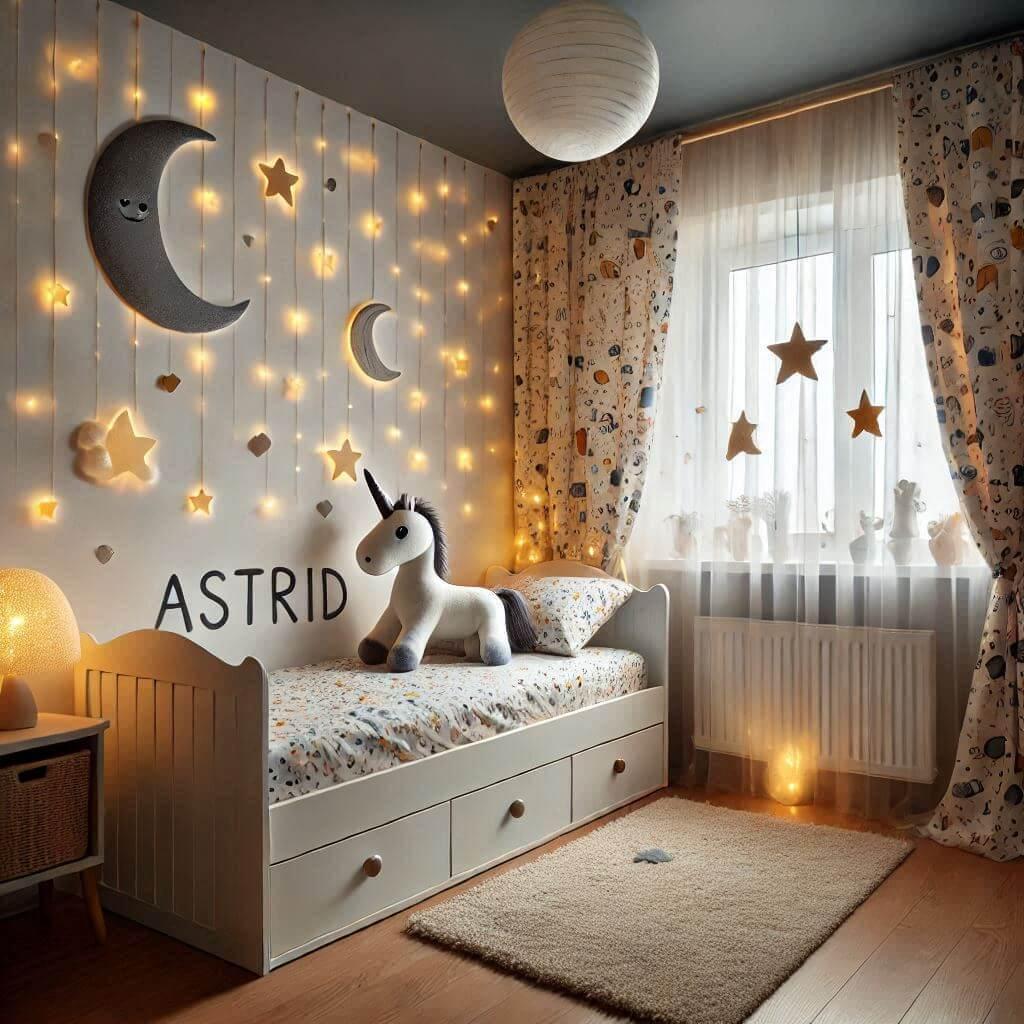 chambre denfant avec un lit simple sur le theme du ciel etoile les draps et les rideaux sont des motifs detoiles et de lunes et de c urs une guirlande lumineuse une