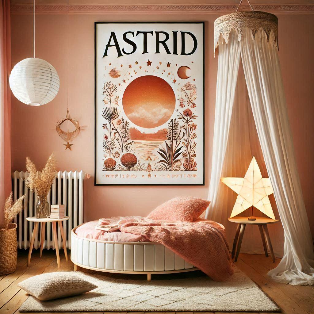 decoration de chambre denfant avec le prenom astrid sur une affiche inspiree par lexotisme et la douceur avec des tons chauds tels que le rose poudre le corail et l