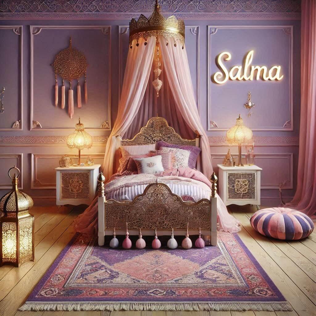 decoration de chambre denfant inspiree par lexotisme et lorient avec des tons violet rose poudre or la piece comprend un lit avec un baldaquin et une lampe oriental