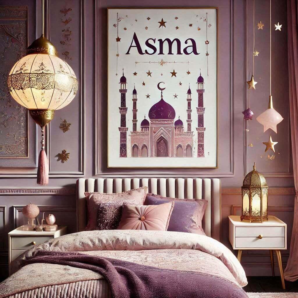 belle decoration de chambre denfant inspiree par lexotisme et lorient avec des tons violet rose poudre or la piece comprend un lit avec un baldaquin