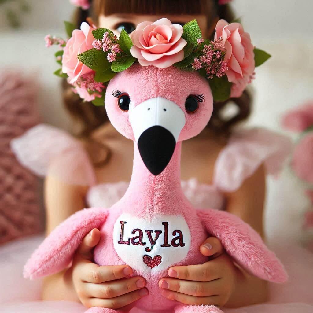 Peluche flamant rose avec couronne de fleurs et prénom 'Layla' dans les mains d'une petite fille.