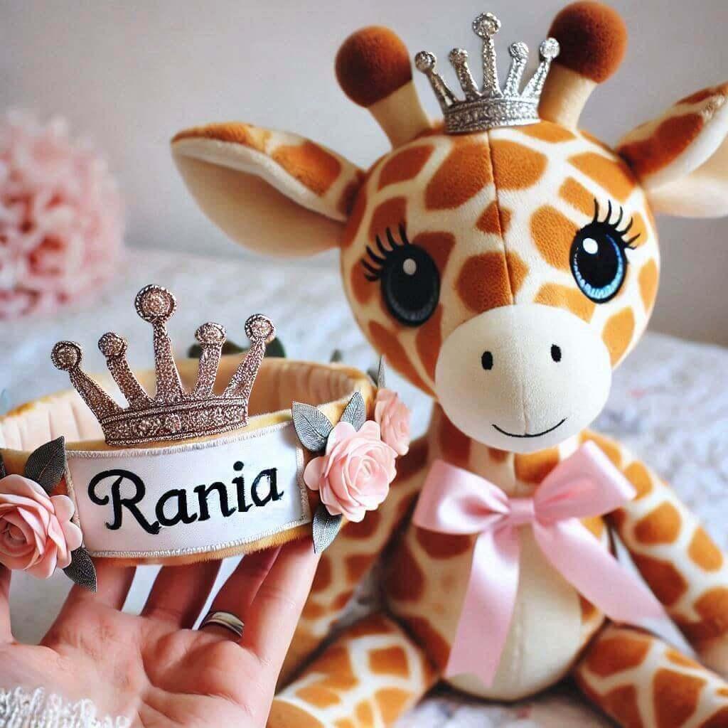 peluche girafe avec une couronne de fleurs avec le prenom rania