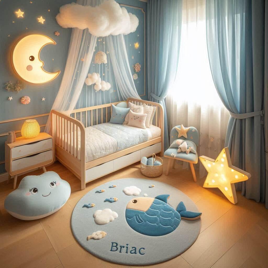 chambre d enfant avec le prenom briac, theme de la mer, couleur bleu pastel