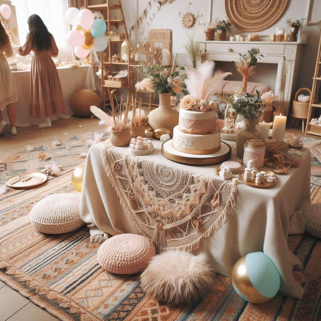 Baby shower boho chic une decoration douce et naturelle avec des touches de macrame des plumes et des tapis aux motifs ethniques des couleurs chaudes comme le terracotta beige et o