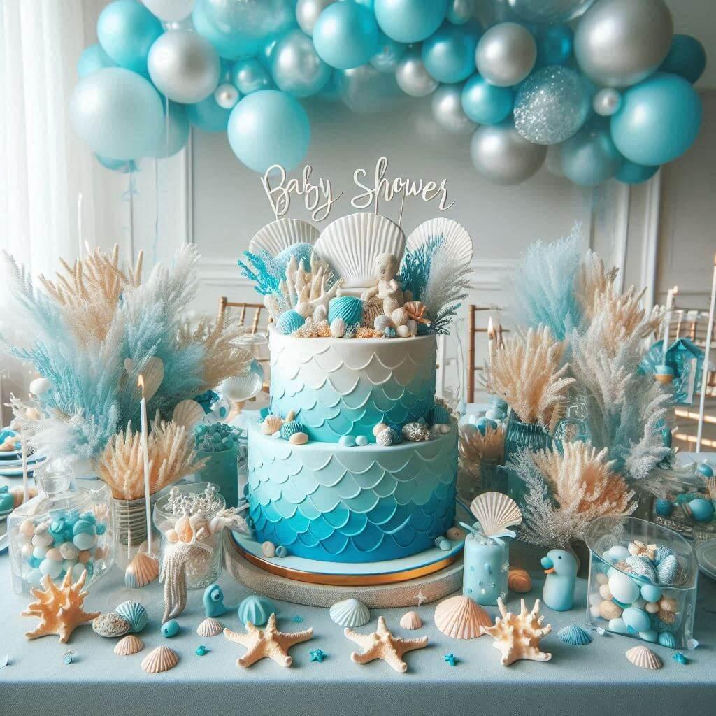 Baby shower sur le theme bebe sous les mers une table decoree dans des tons bleu et turquoise ornee de coquillages coraux et etoiles de mer un gateau inspire de locean avec des vag