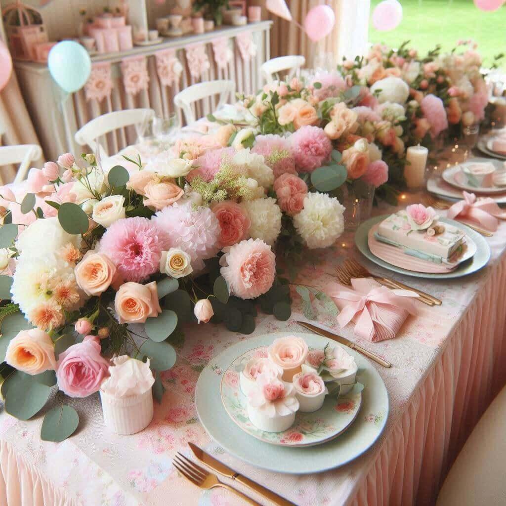 Baby shower sur le theme floral une table decoree de nappes pastel avec des fleurs fraiches roses pivoines 1