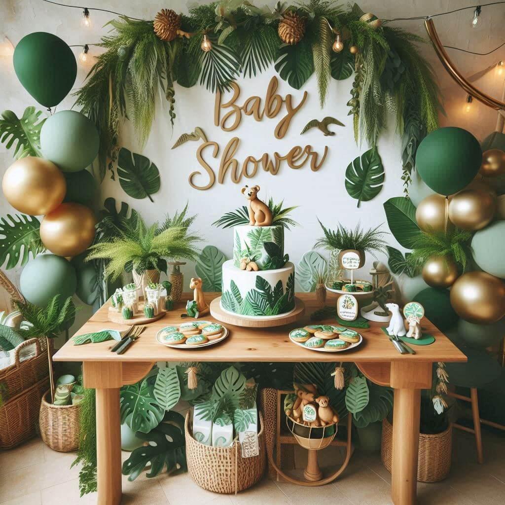 Baby shower sur le theme jungle une table en bois ornee de feuillage tropical feuillages verts luxuriants et touches dorees un gateau nature avec des motifs feuillus et animaux de