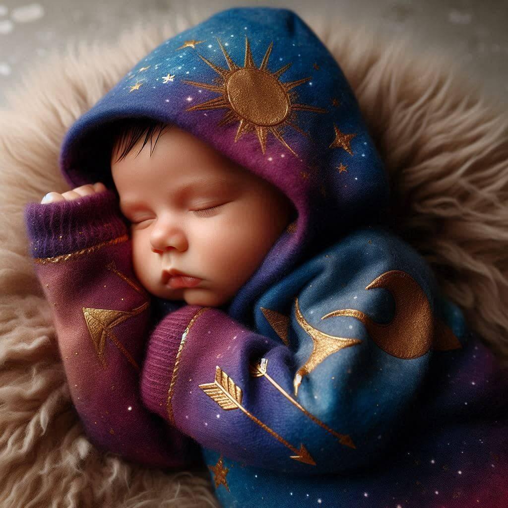 Bebe qui dort habille avec des vetements inspires du signe astrologique sagittaire