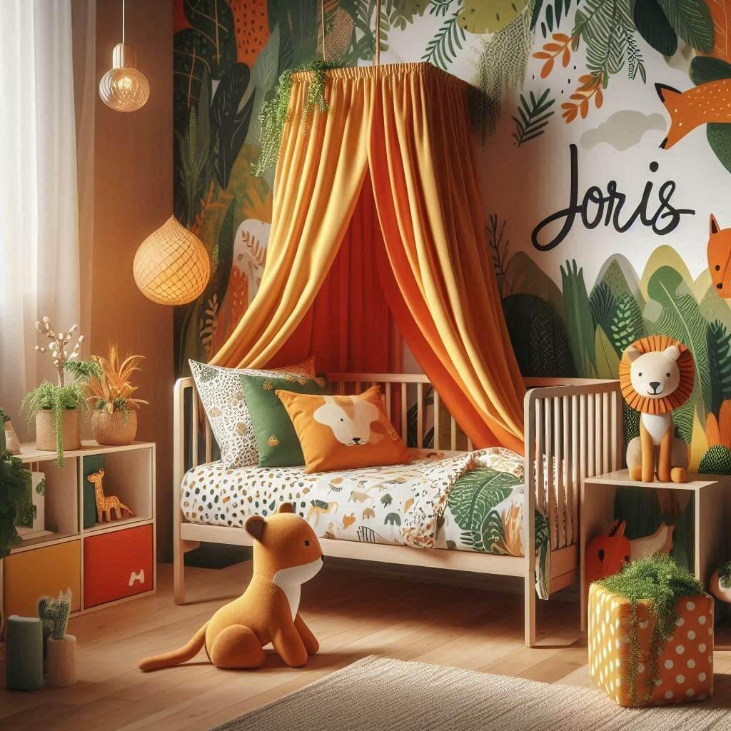 Belle chambre de petit garcon theme jungle ciel de lit lit evolutif prenom joris