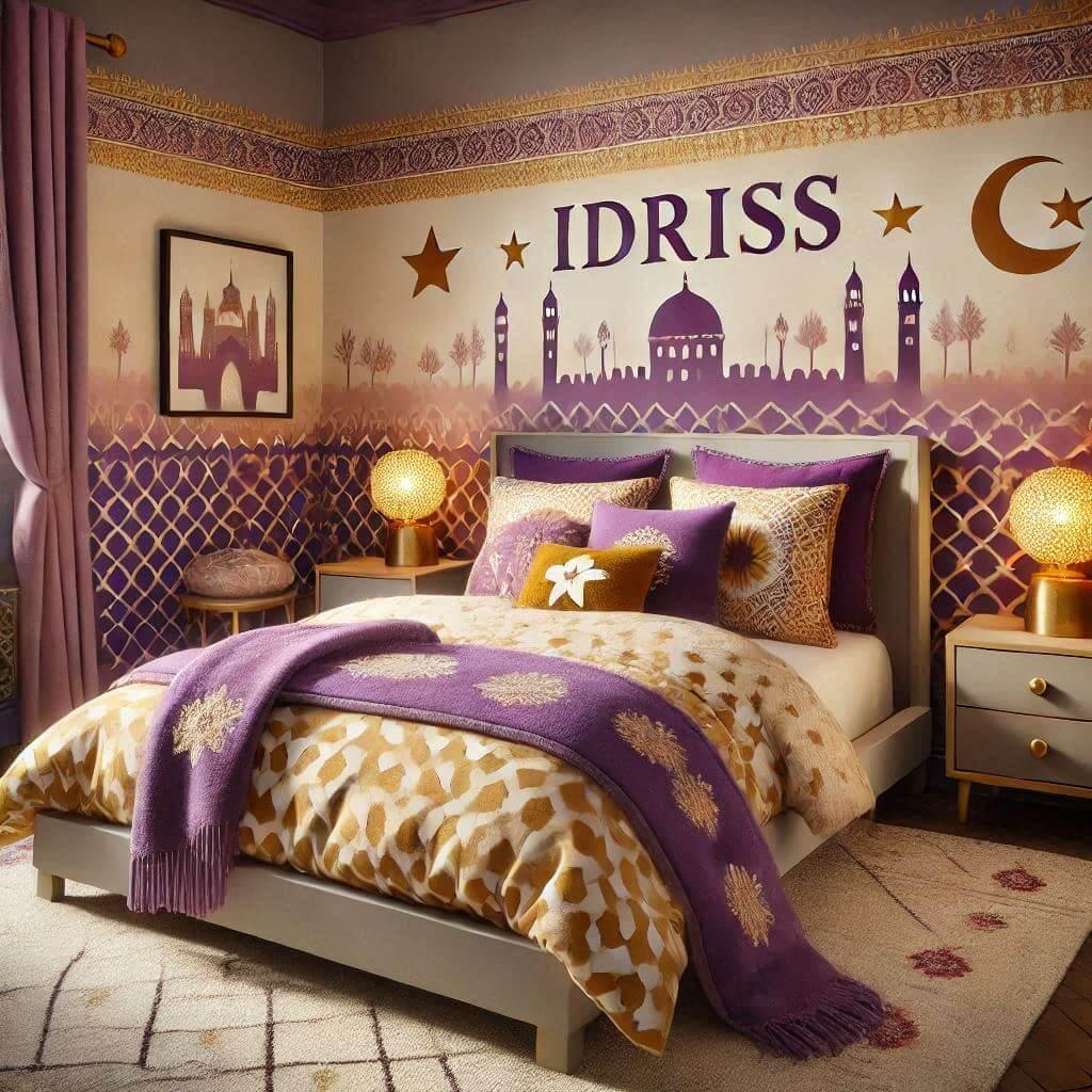 Belle chambre denfant sur le theme oriental lit simple draps motifs marocain couleur dore et violet ciel de lit prenom idriss ecrit en decoration sur le mur