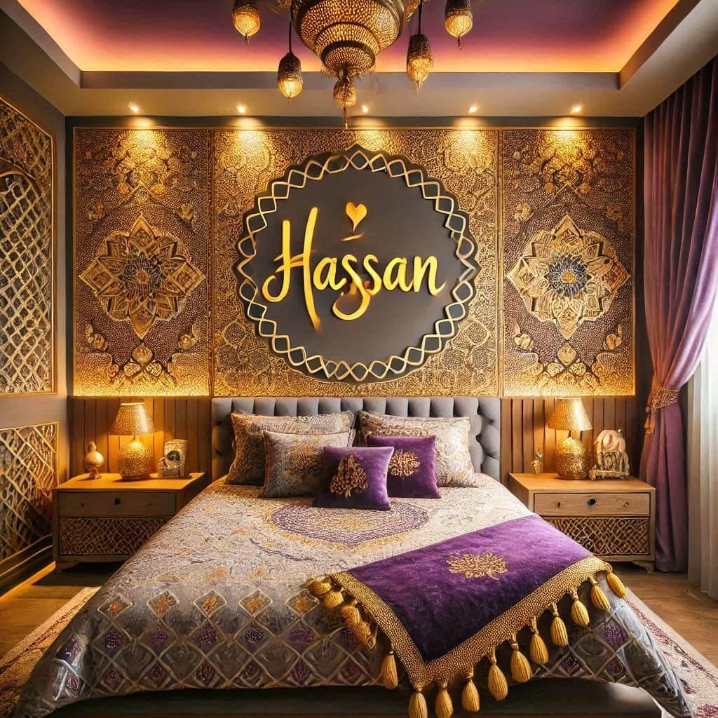 Belle chambre denfant sur le theme oriental lit simple draps motifs marocain couleur dore et violet prenom hassan ecrit en decoration sur le mur 1