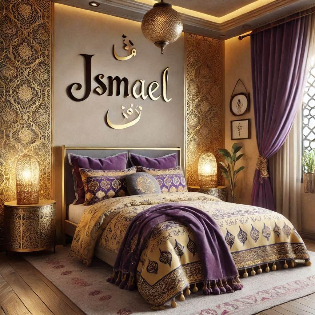 Belle chambre denfant sur le theme oriental lit simple draps motifs marocain couleur dore et violet prenom ismael ecrit en decoration sur le mur 1