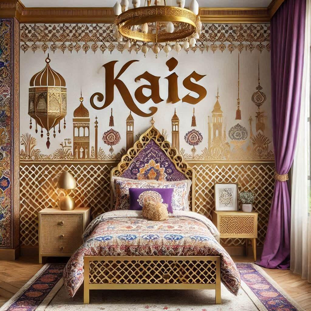 Belle chambre denfant sur le theme oriental lit simple draps motifs marocain couleur dore et violet prenom kais ecrit en decoration sur le mur