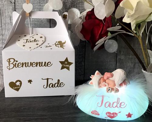 veilleuse de nuit personnalisée en forme de galet lumineux avec un bébé fimo déguisé en marie des aristochats à côté d'une boîte cadeau