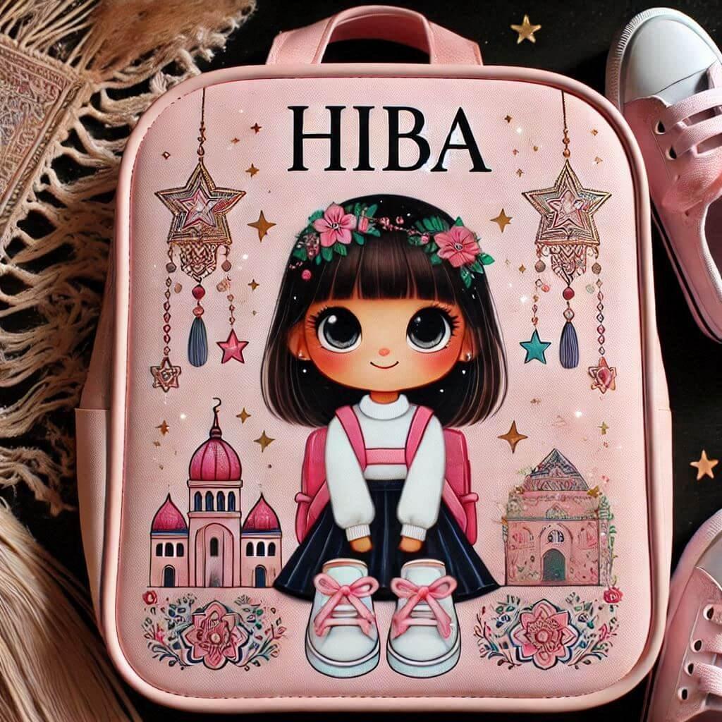 Cartable de petite fille avec le prenom hiba dans le dos