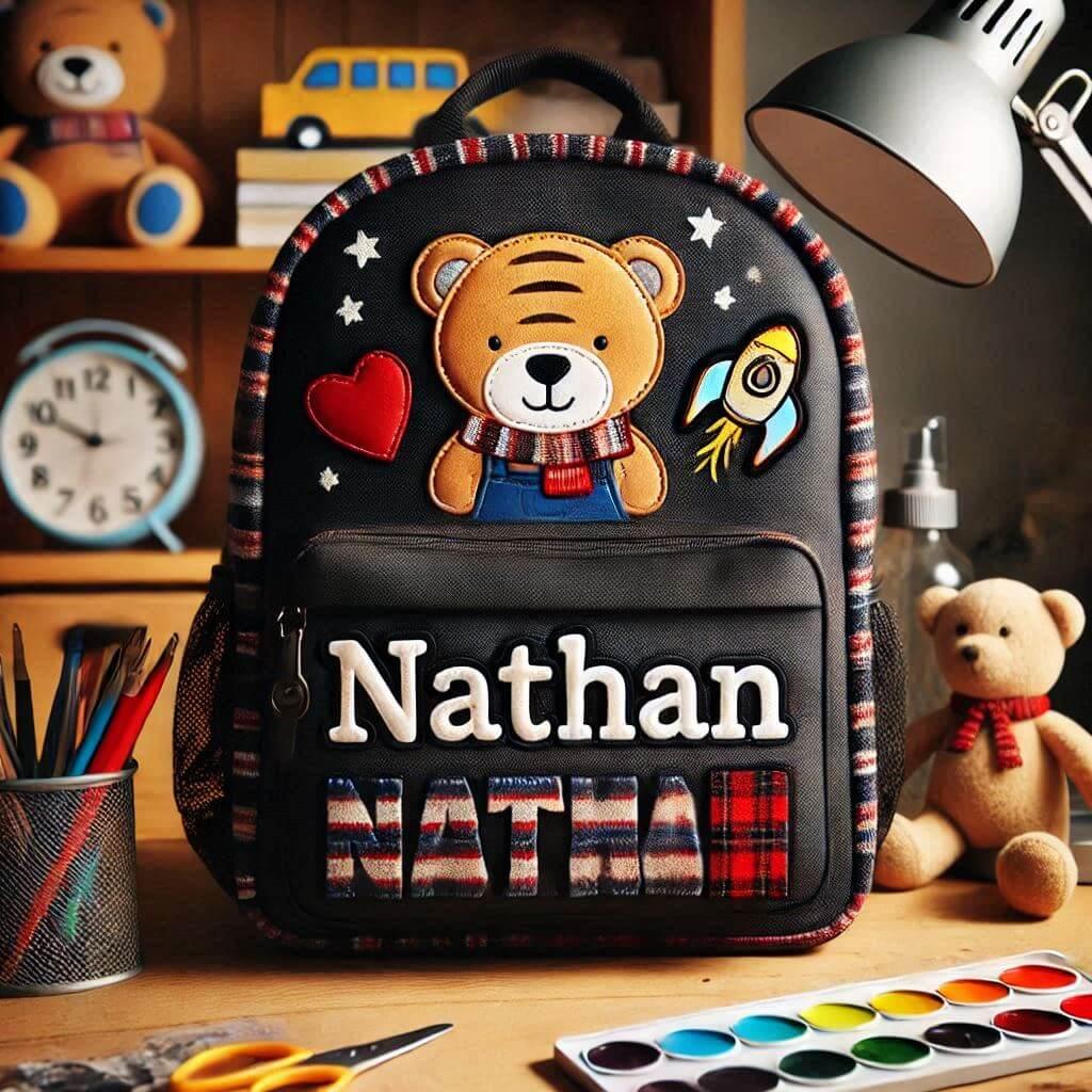 Cartable personnalise avec le prenom nathan dans le dos dun enfant