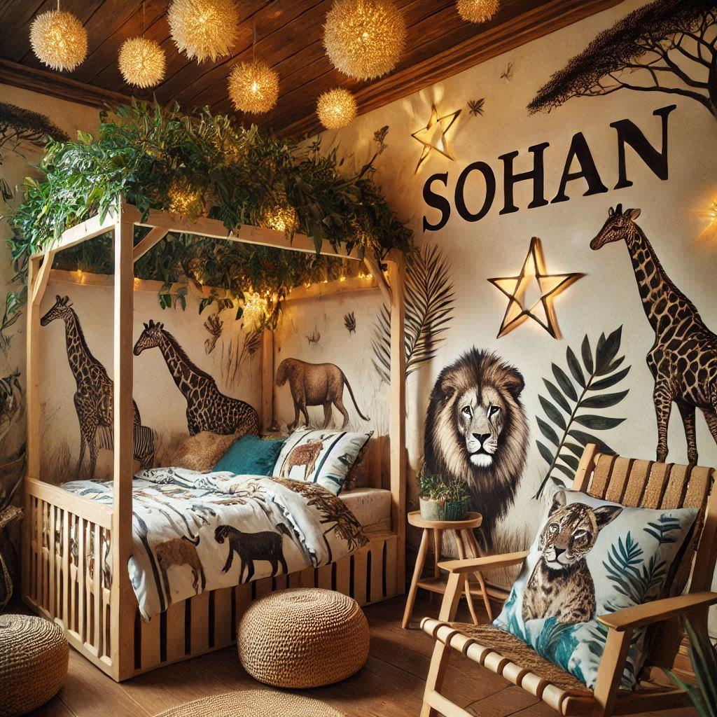 deco theme savane chambre enfant avec lit cabane, prenom sohan