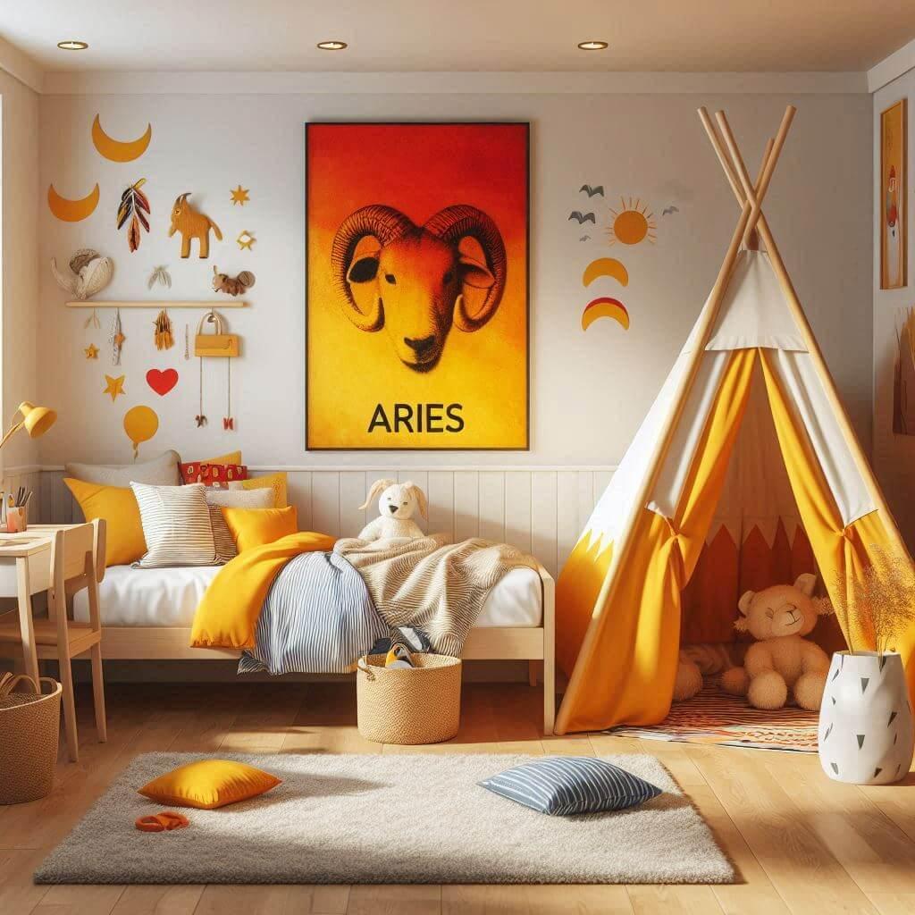 Chambre d enfant theme astrologie belier couleurs orange jaune bois naturel