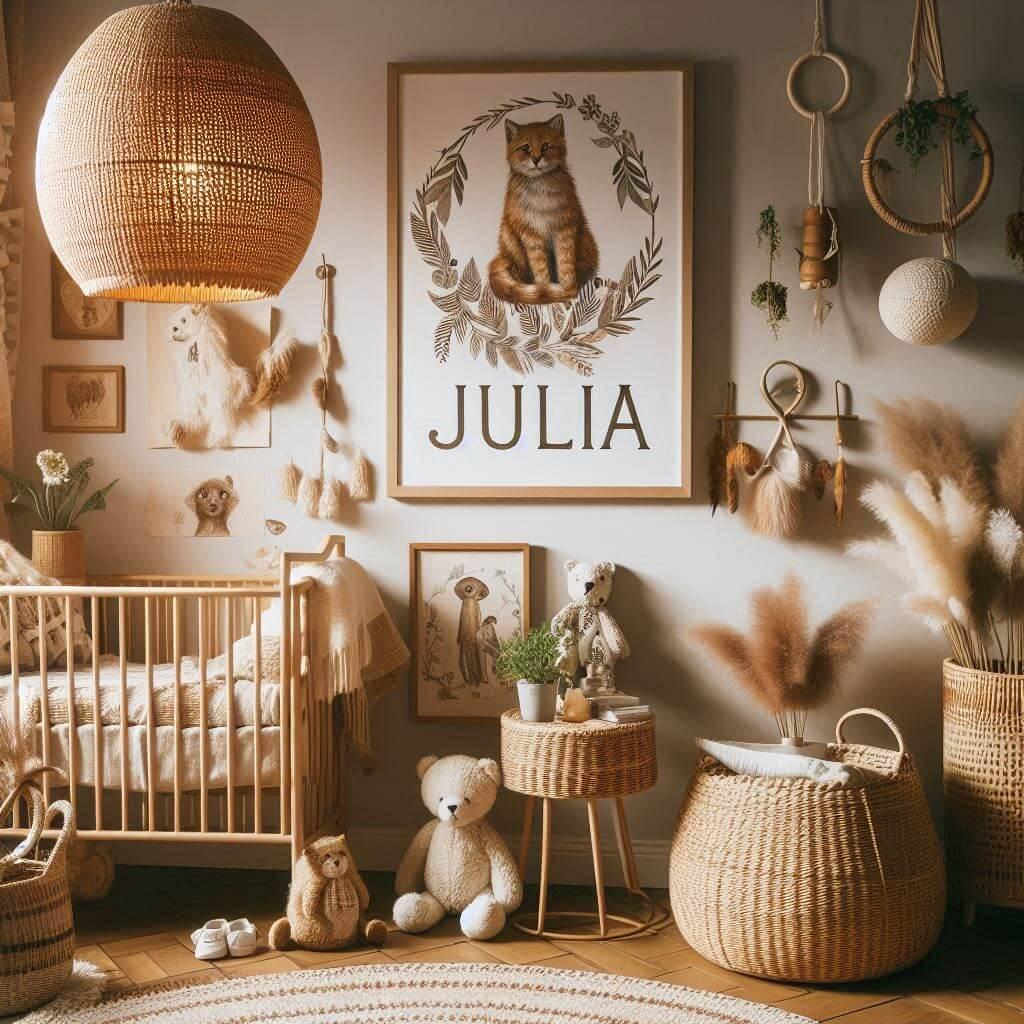 Chambre de bebe avec une decoration boheme et des animaux avec le prenom julia sur une affiche lutilisation de materiaux naturels comme le rotin le lin et le coton des couleurs ter