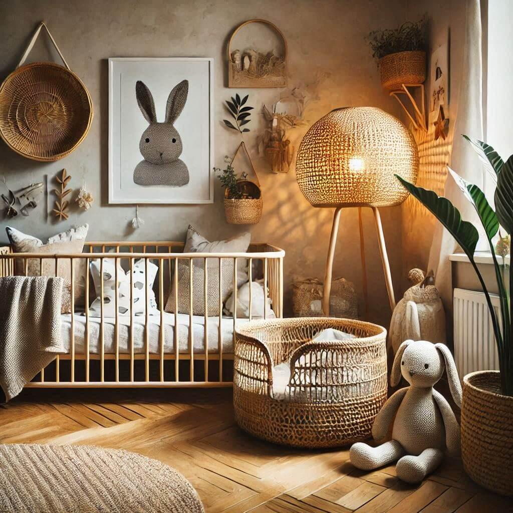 Chambre de bebe avec une decoration epuree et boheme lutilisation de materiaux naturels comme le rotin le lin et le coton et des couleurs terreuses une plante paniers en rotin et u