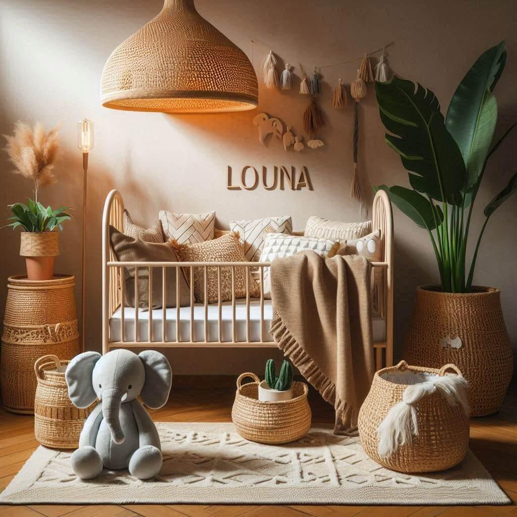 Chambre de bebe avec une decoration epuree et boheme lutilisation de materiaux naturels comme le rotin le lin et le coton et des couleurs terreuses une plante paniers en rotin et u