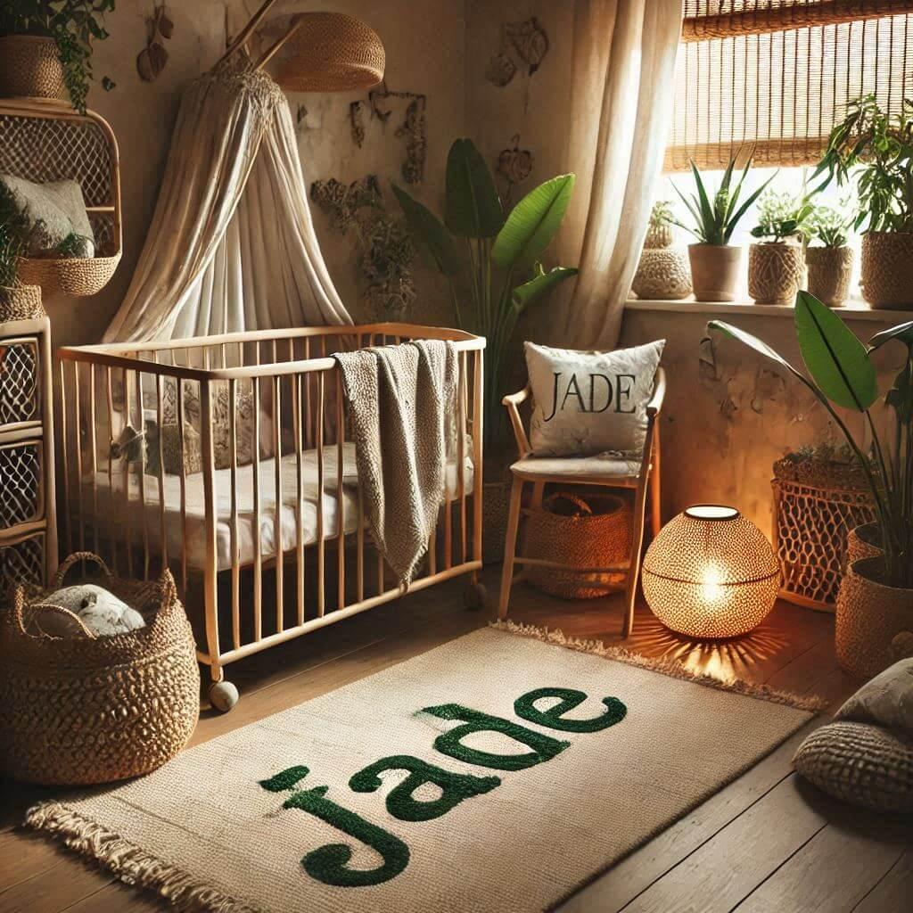 Chambre de bebe decoration boheme avec le prenom jade sur le tapis lutilisation de materiaux naturels comme le rotin le lin et le coton et des couleurs terreuses des plantes des pa