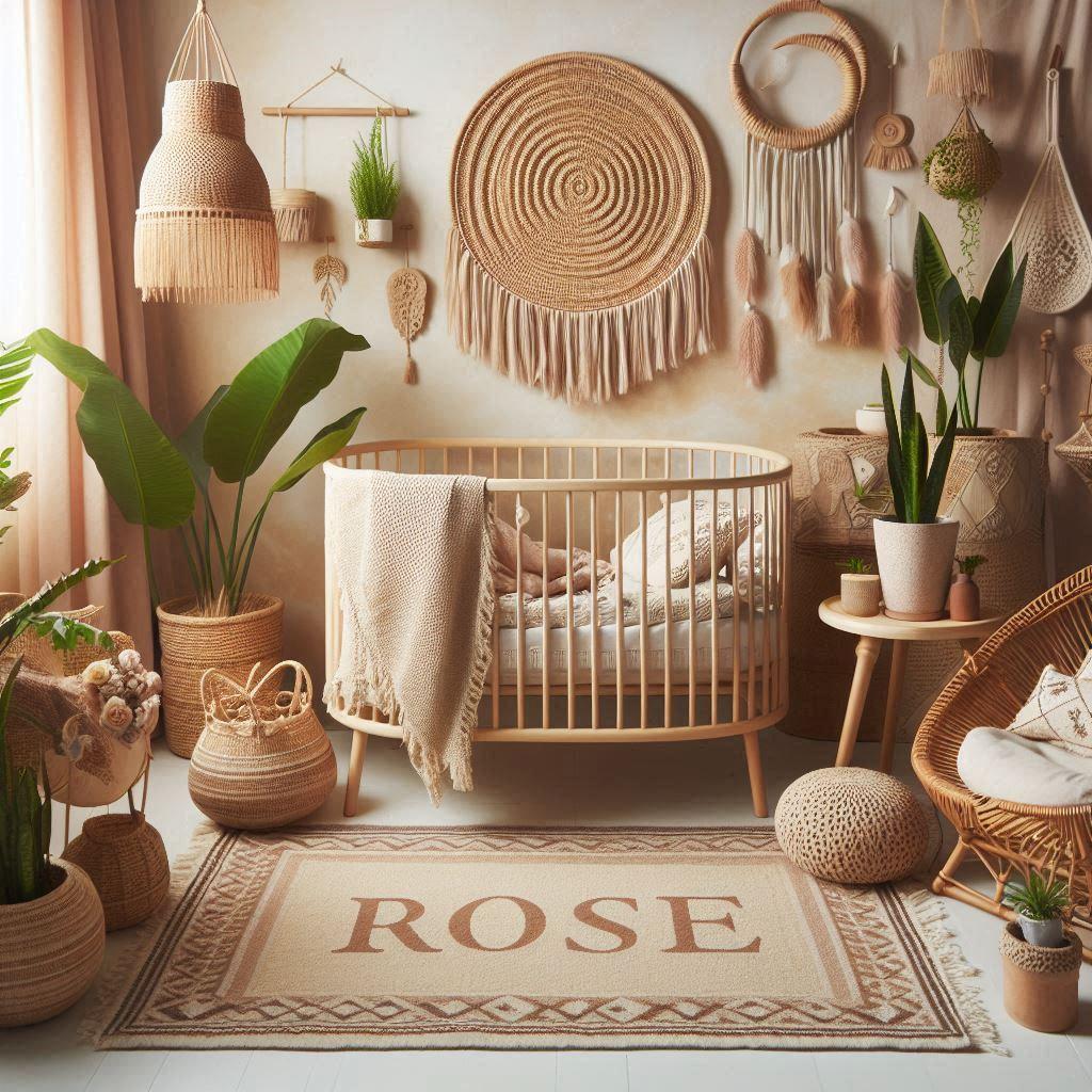 Chambre de bebe decoration boheme avec le prenom rose sur le tapis utilisation de materiaux naturels comme le rotin le lin et le coton et des couleurs terreuses des plantes des pan