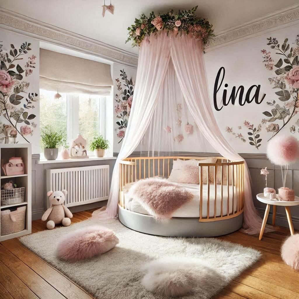 Une belle chambre de bebe fille avec le prenom lina theme jardin fleuri