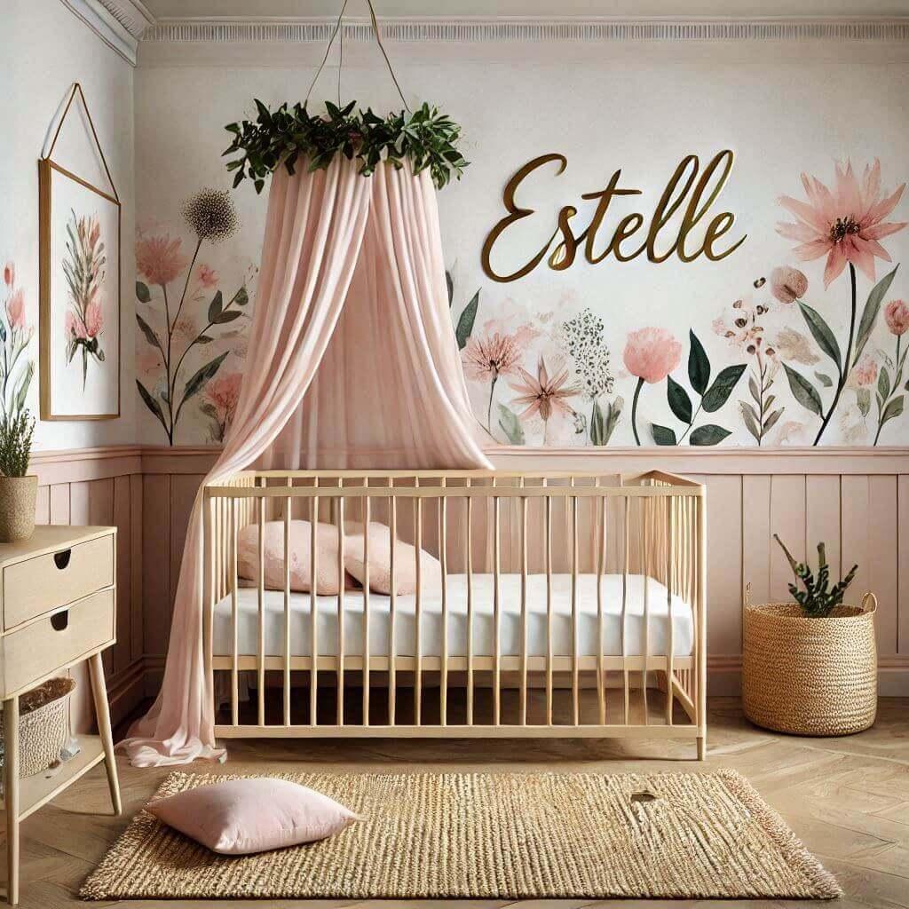 Chambre de bebe fille nommee estelle sur le theme floral boheme murs beige clair avec motifs de fleurs aquarelles dans des tons rose et vert lit a barreaux en bois naturel ciel de