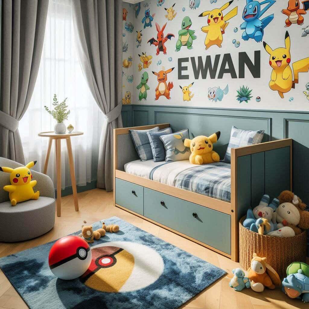 Chambre de bebe garcon avec le prenom ecrit ewan sur le theme pokemon lit simple stickers tapis rideaux motif pokemon peluche sur le tapis 5 1