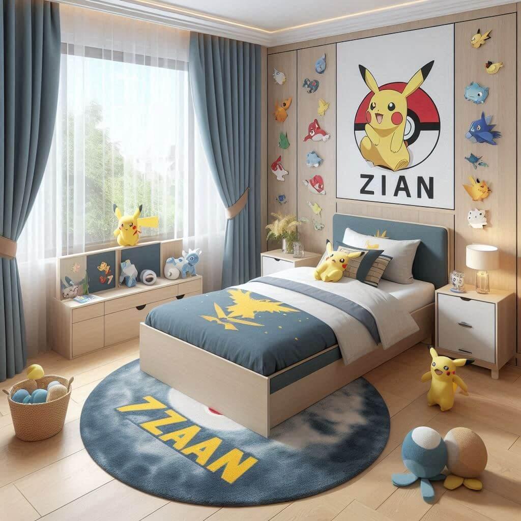 Chambre de bebe garcon avec le prenom ecrit zian sur le theme pokemon lit simple stickers tapis rideaux motif pokemon peluche sur le tapis