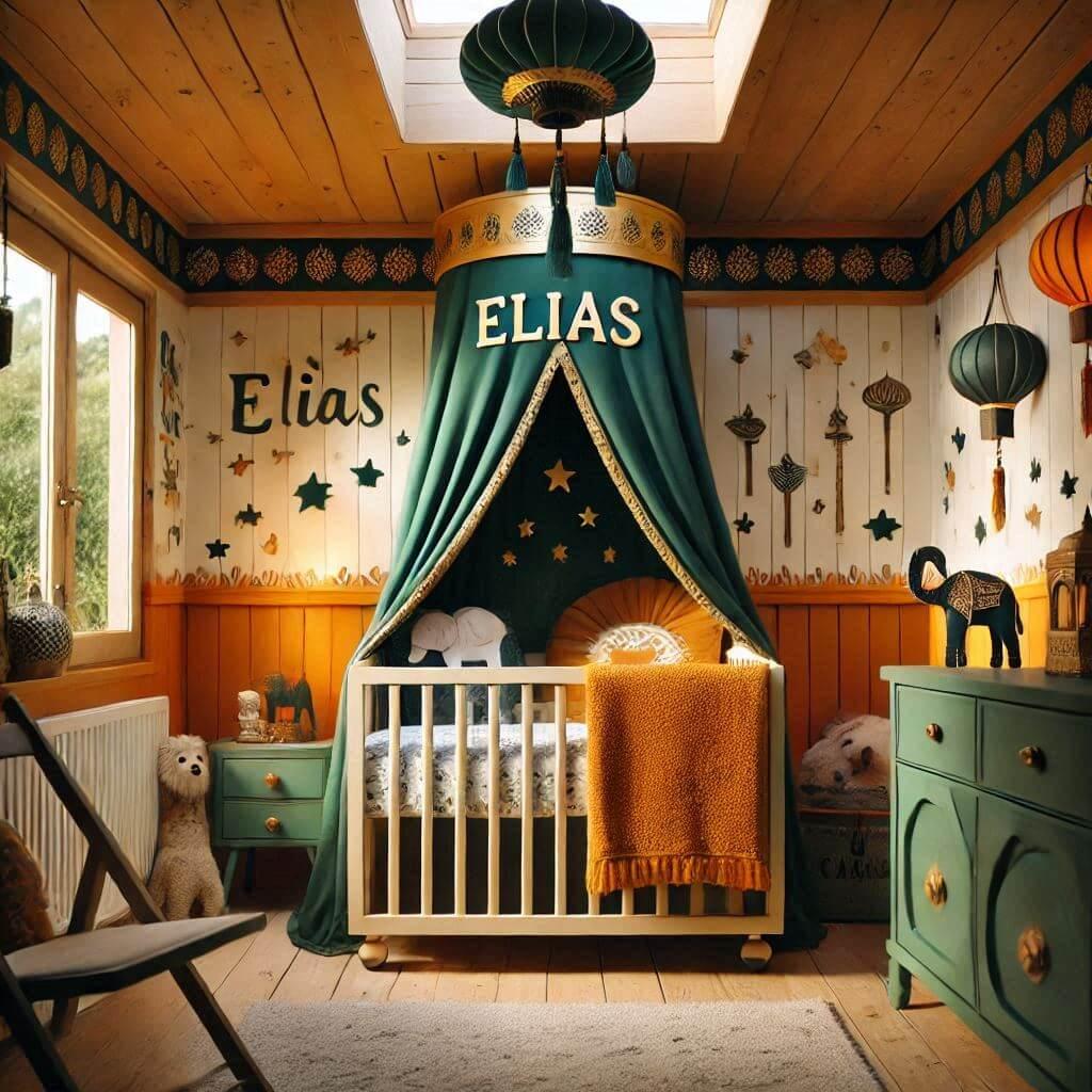 Chambre de bebe garcon avec le prenom elias un lit cabane et un theme oriental couleur vert orange jaune 1