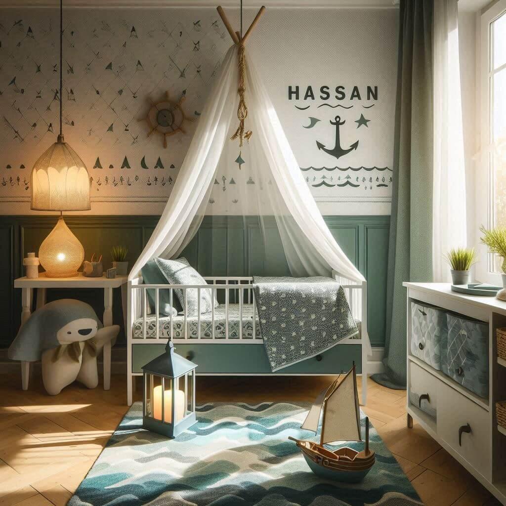 Chambre de bebe garcon avec le prenom hassan un lit cabane le theme vert d eau et ocean lampe bateau allumee sur le tapis motif vagues vue de loin