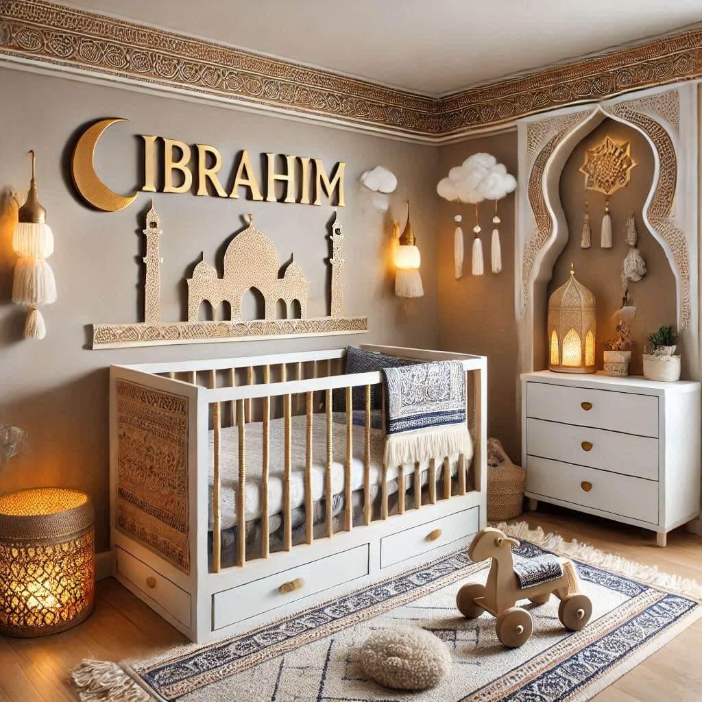 Chambre de bebe garcon avec le prenom ibrahim un lit cabane theme oriental