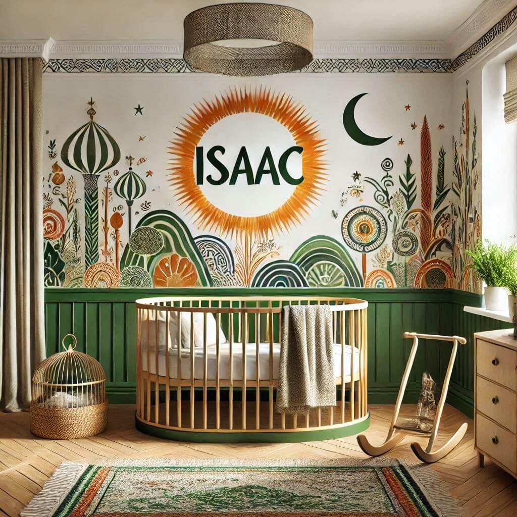 Chambre de bebe garcon avec le prenom isaac un lit rond et un theme oriental couleur vert orange jaune 2 1