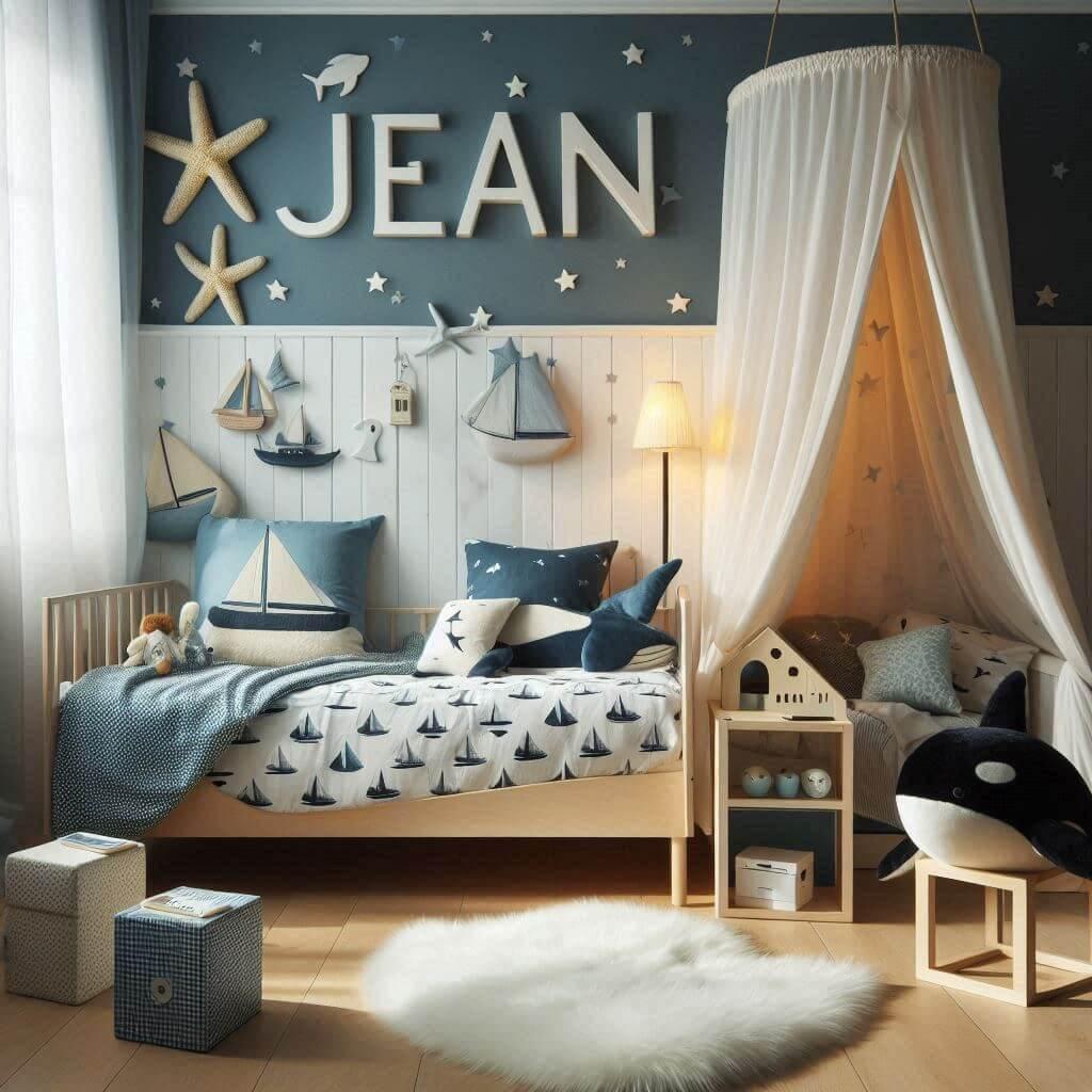 Chambre de petit garcon avec le prenom jean ecrit en francais lit simple avec des draps motif bateau rideau motif etoile de mer meuble cube ciel de lit peluche baleine peluche orqu