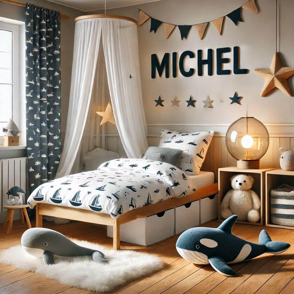 Chambre de petit garcon avec le prenom michel ecrit en francais lit simple avec des draps motif bateau rideau motif etoile de mer meuble cube ciel de lit peluche baleine peluche or