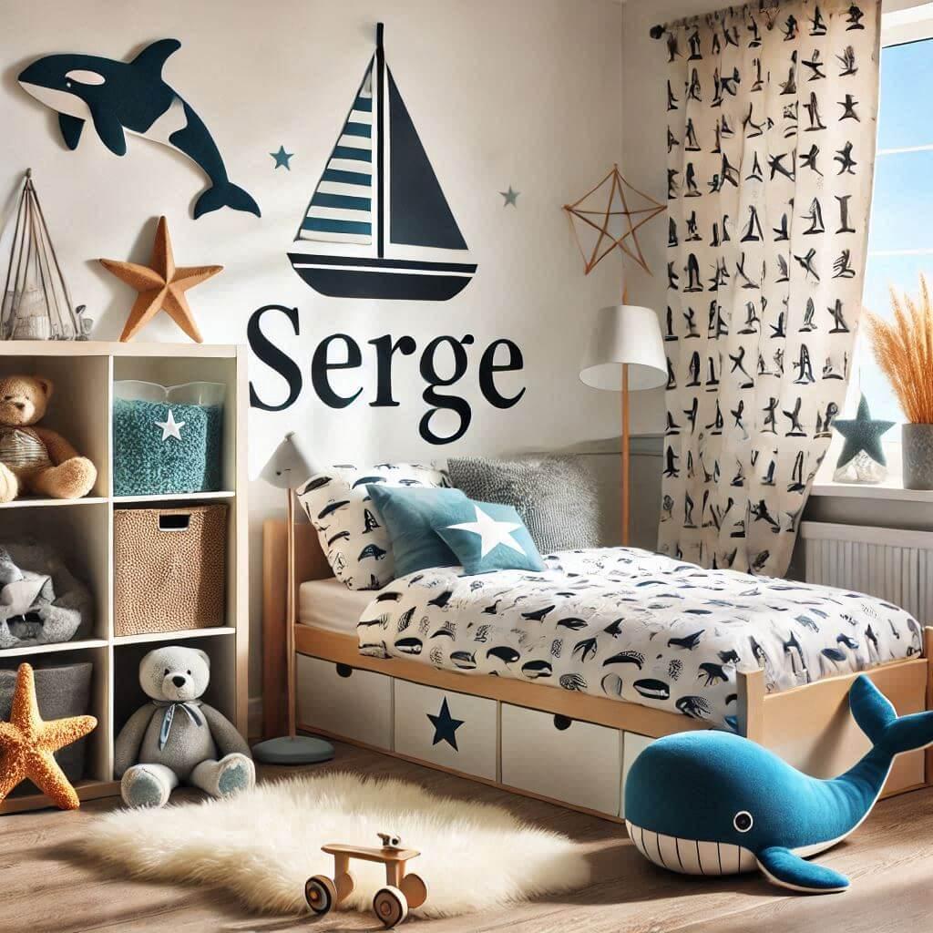 Chambre de petit garcon avec le prenom serge ecrit en francais lit simple avec des draps motif bateau rideau motif etoile de mer meuble cube ciel de lit peluche baleine peluche orq