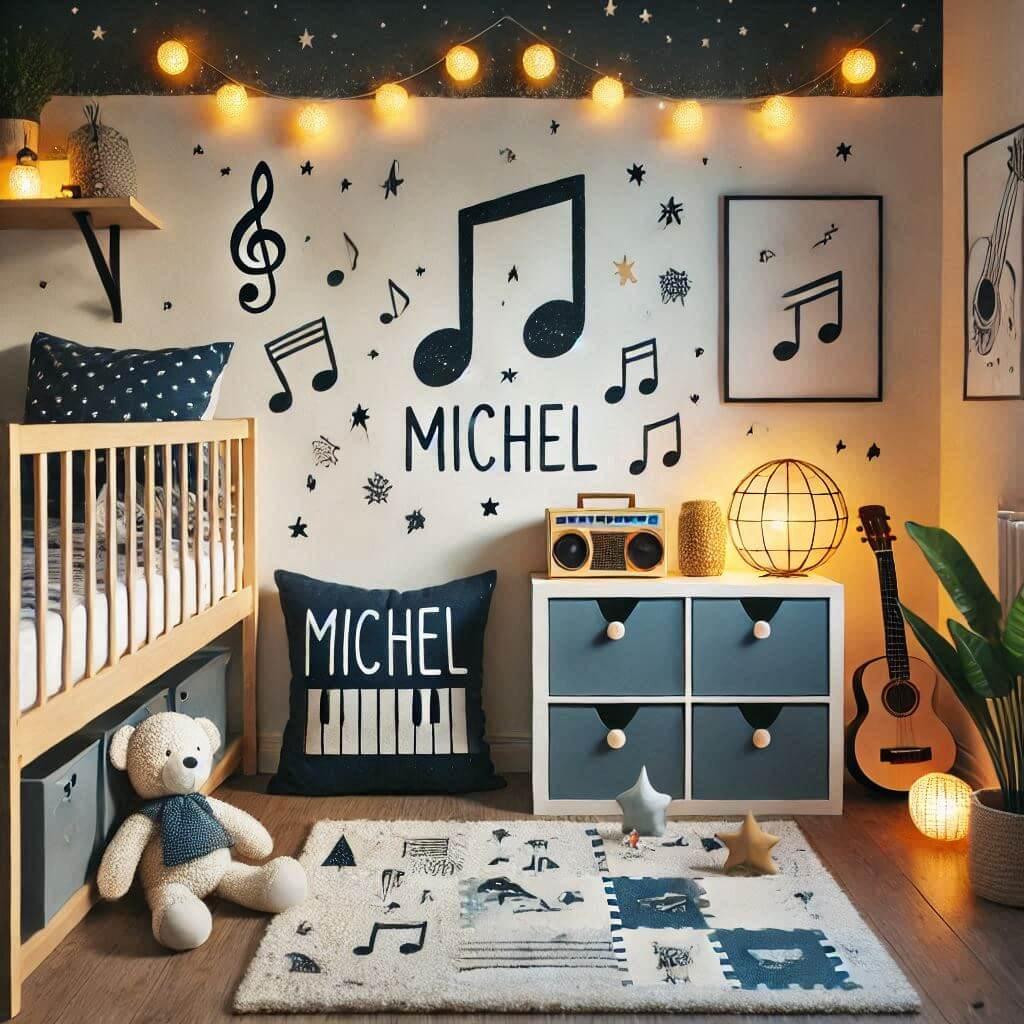 Chambre de petit garcon theme musique et scandinave prenom michel ecrit en francais coussin lit superpose etagere tapis deveil guirlande lumineuse petite bibliotheque d enfant