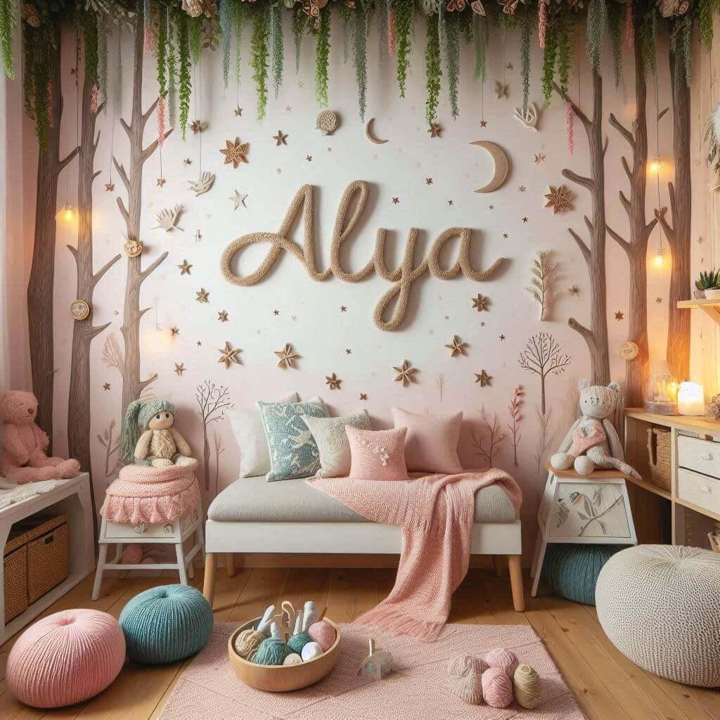 Chambre de petite fille theme nature et foret enchantee avec des arbres prenom alya ecrit en tricotin sur le mur 2 1 1