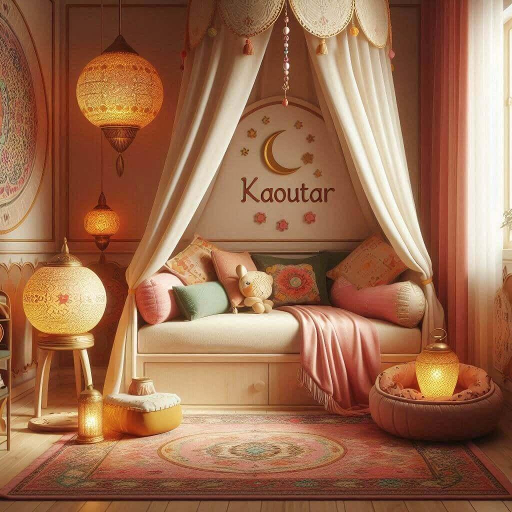 Chambre de petite fille theme oriental lampe orientale lit rond avec voilage tapis prenom kaoutar ecrit sur un coussin couleurs chaudes vert et rose orange 1 1