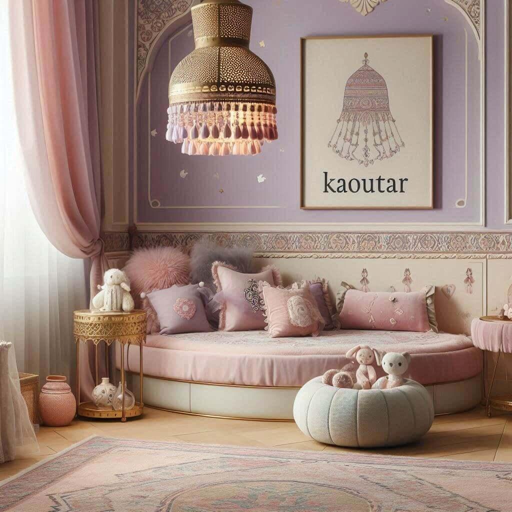 Chambre de petite fille theme oriental lampe orientale lit rond tapis prenom kaoutar ecrit sur un coussin couleurs violet et rose pastel 1 1 1