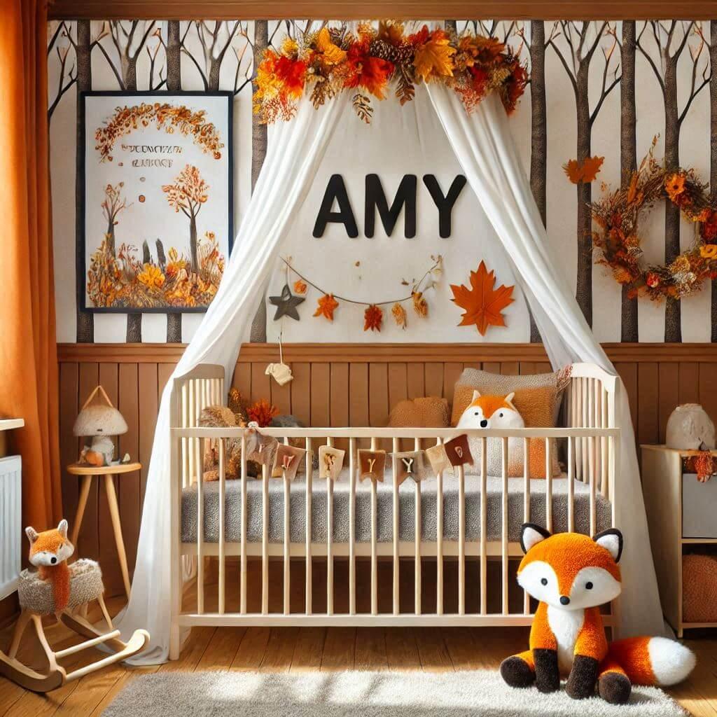 Chambre denfant a theme automnal avec des elements personnalises au nom de amy sur une affiche avec un tapis de fourure un ciel de lit une peluche renard sur le lit 1