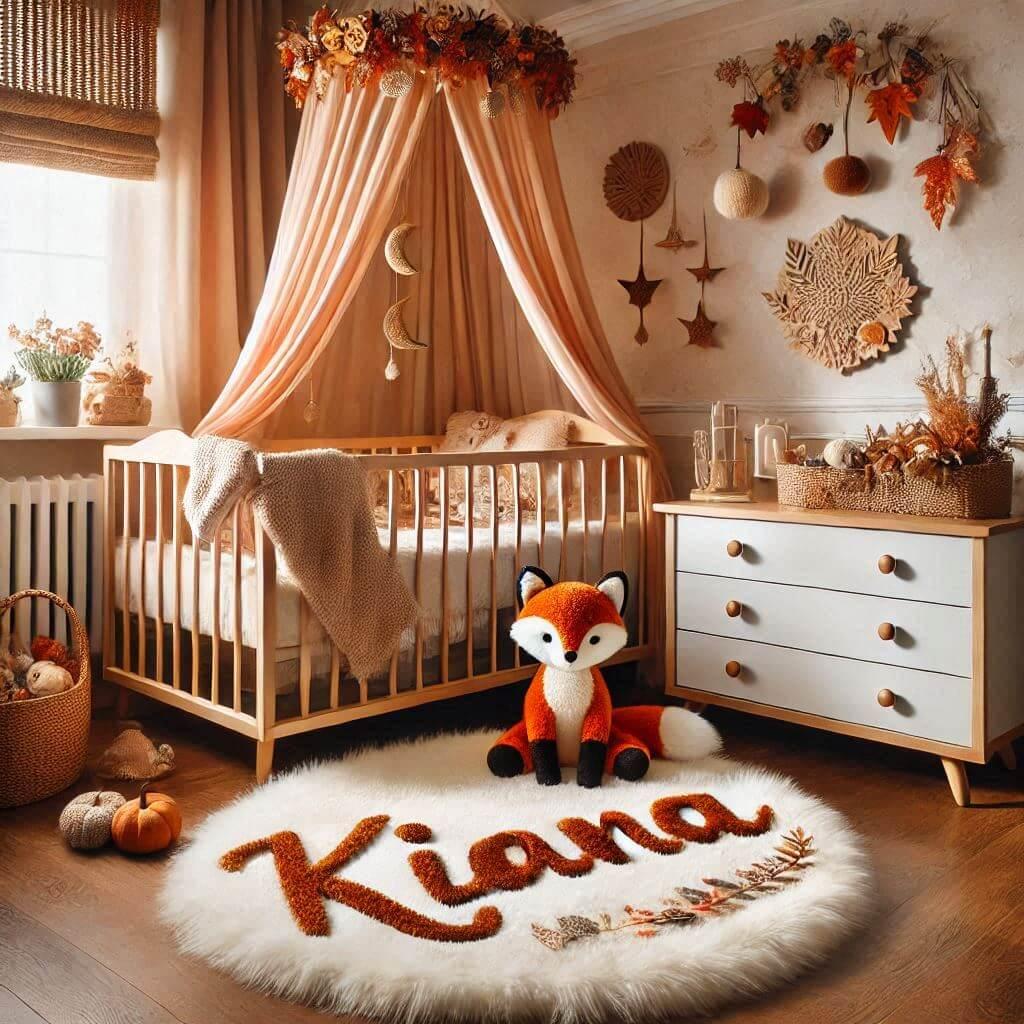 Chambre denfant a theme automnal avec des elements personnalises au nom de kiana avec un tapis de fourure un ciel de lit une peluche renard sur le lit 1